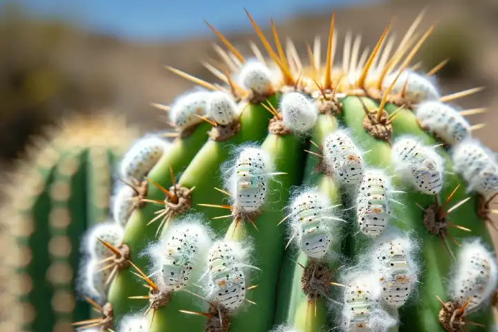 Close-up van een cactus met cochenille luizen.