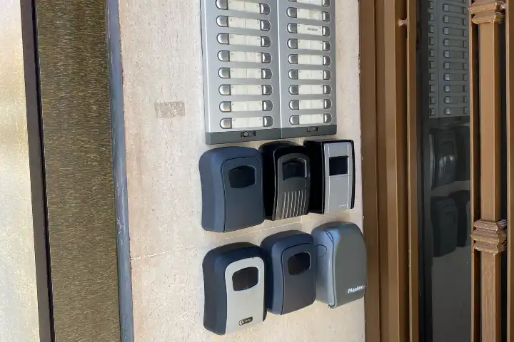 Vakantieverhuur op Tenerife - Sleutelkluisjes aan muur naast appartementenbellen